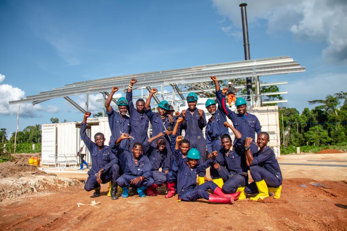 Workers waving